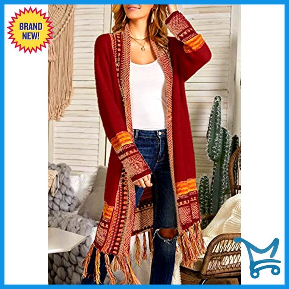 Long Open Front Cardigan Sweater, Oversized Fit, Acrylic Knit, Tassel Fringe - Picture 4 of 6